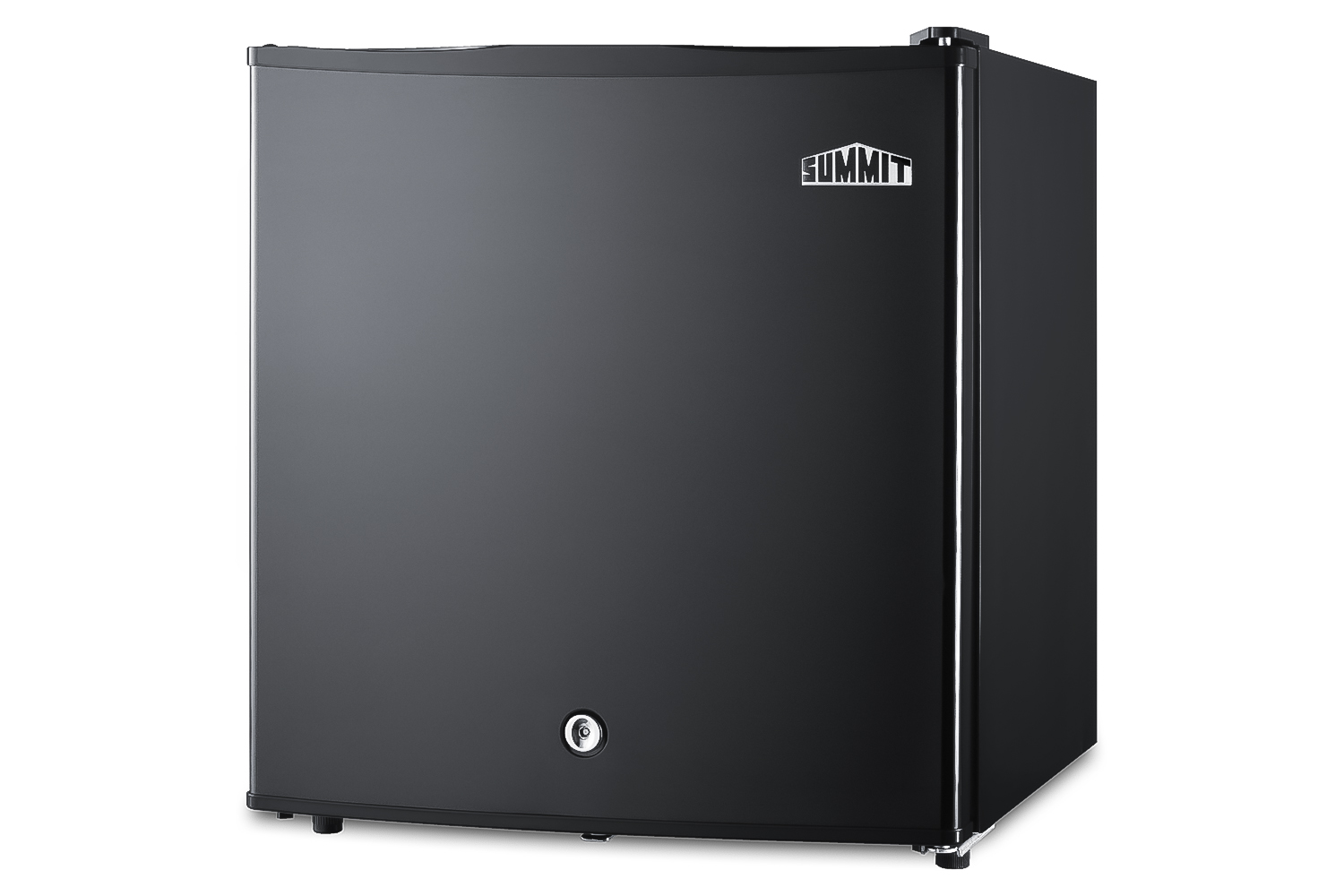 Compact minibar with reversible door, front lock, and black exterior